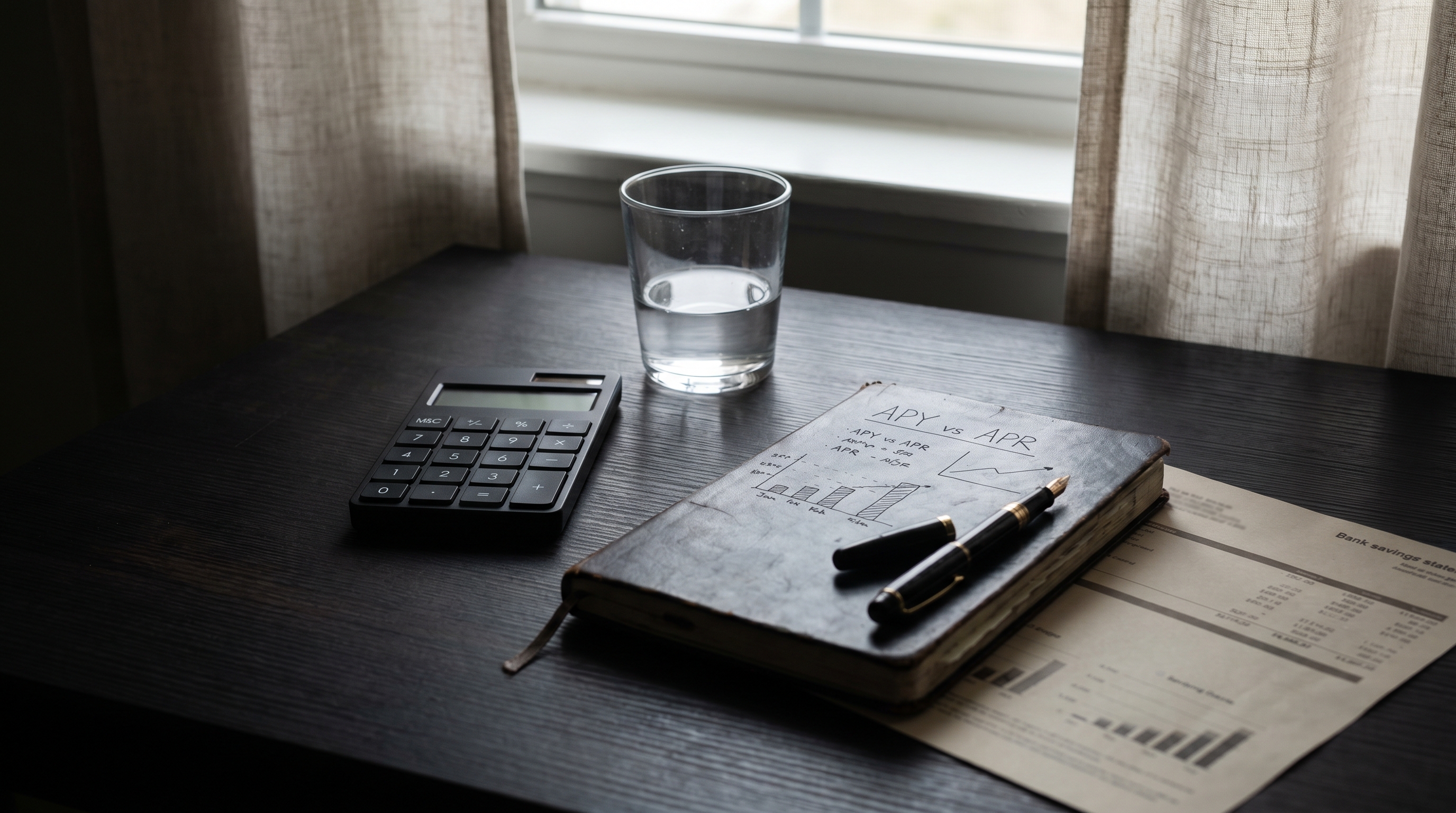 A moody, realistic desk scene with a calculator and banking notes about APY