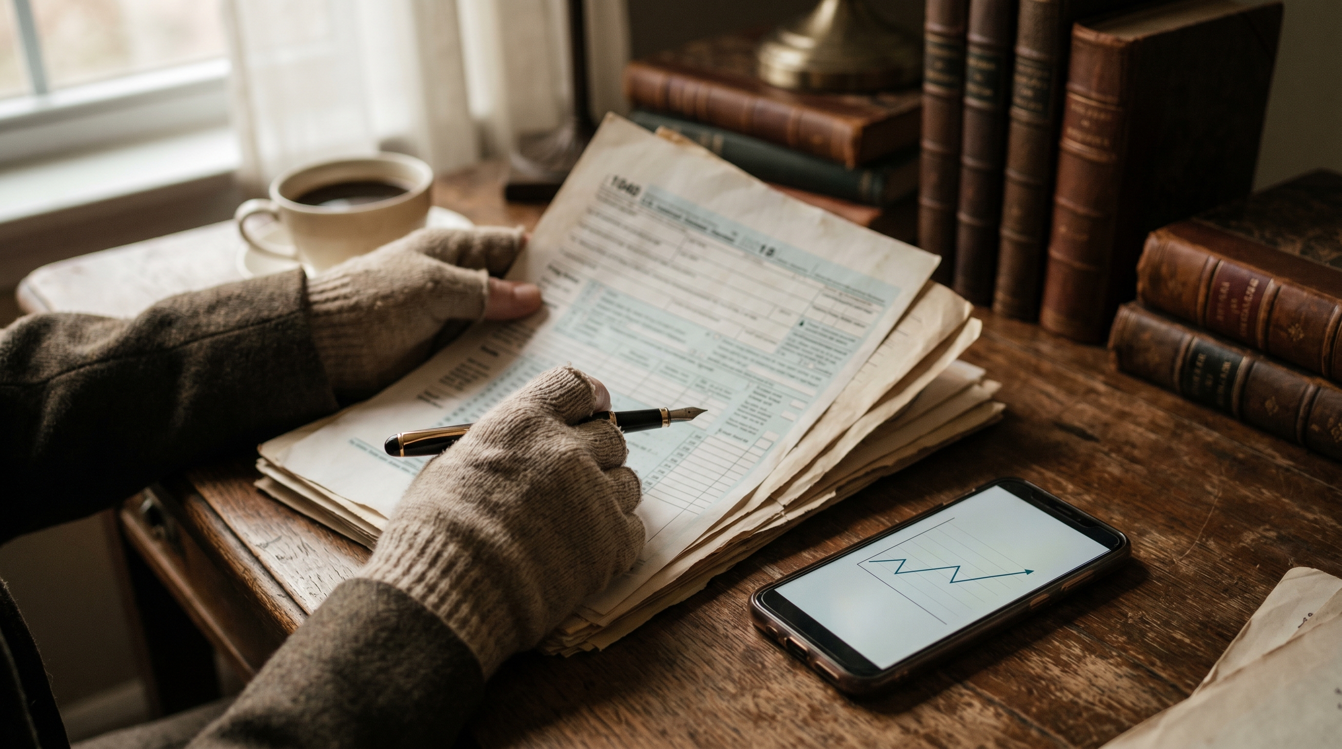 Moody desk scene with investment paperwork and a chart