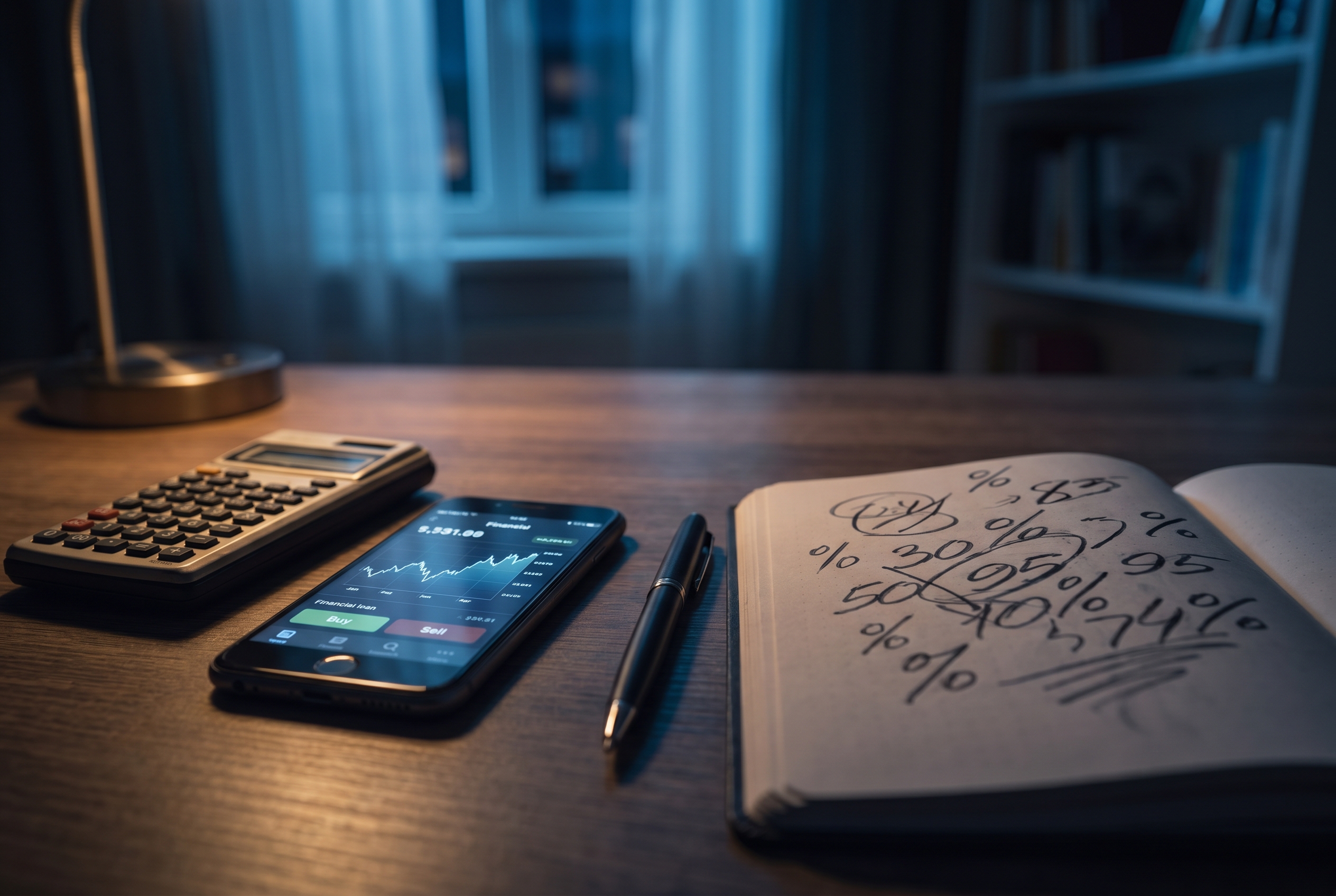 Moody desk scene with a notebook, a phone showing a budgeting app, and a calculator