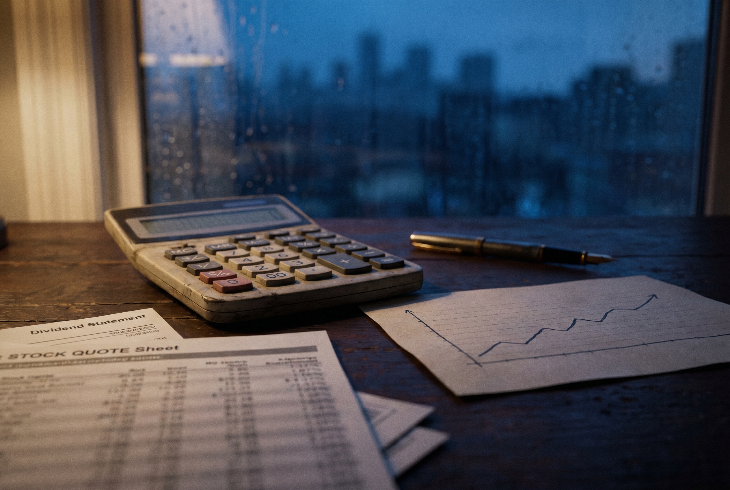 Moody desk scene with dividend notes and a price chart