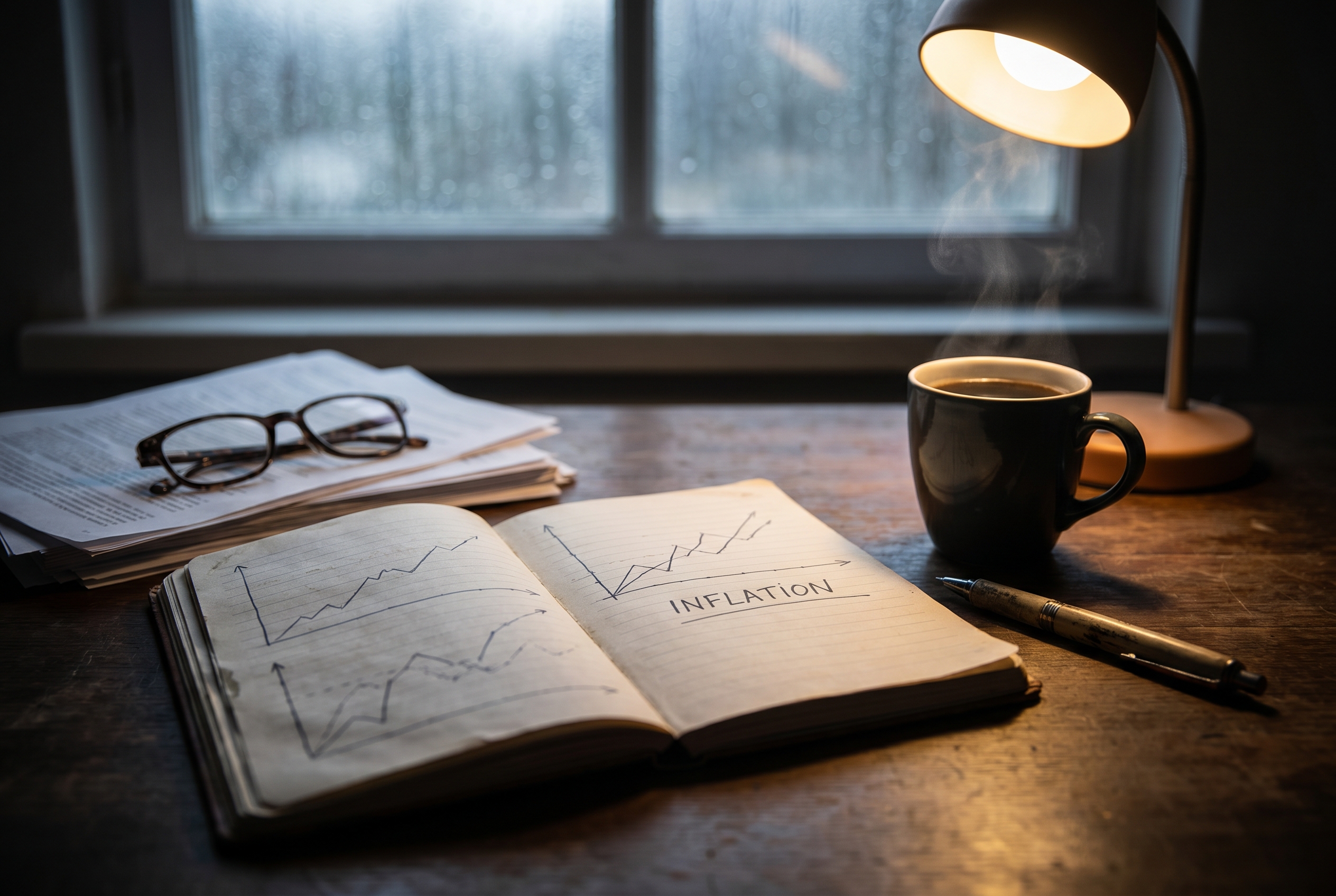 Moody desk scene with a notebook and a small inflation chart