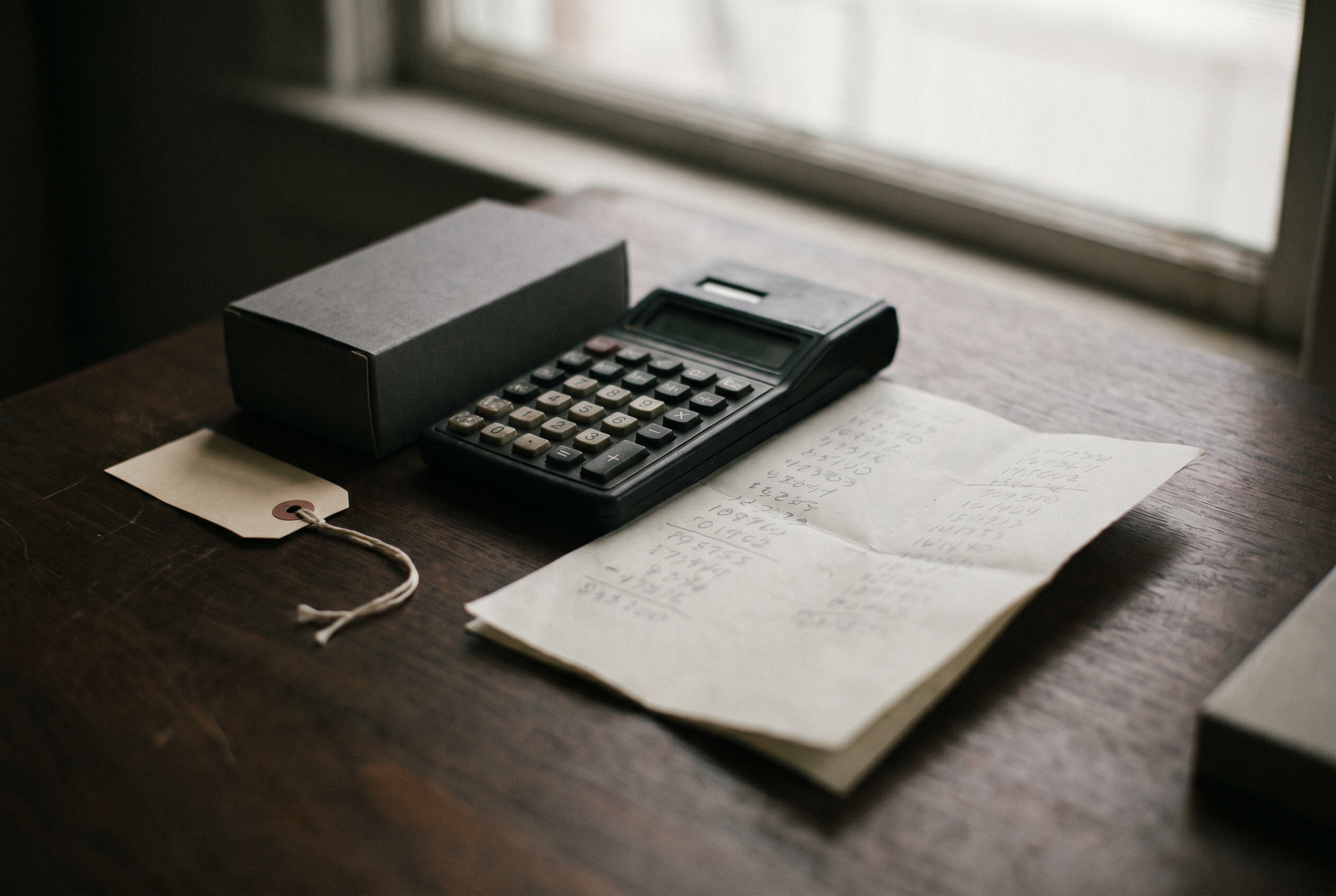 Calculator, price tag, and product box on a desk