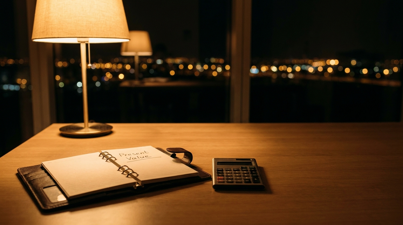 A moody, realistic desk scene with a calculator and handwritten present value notes