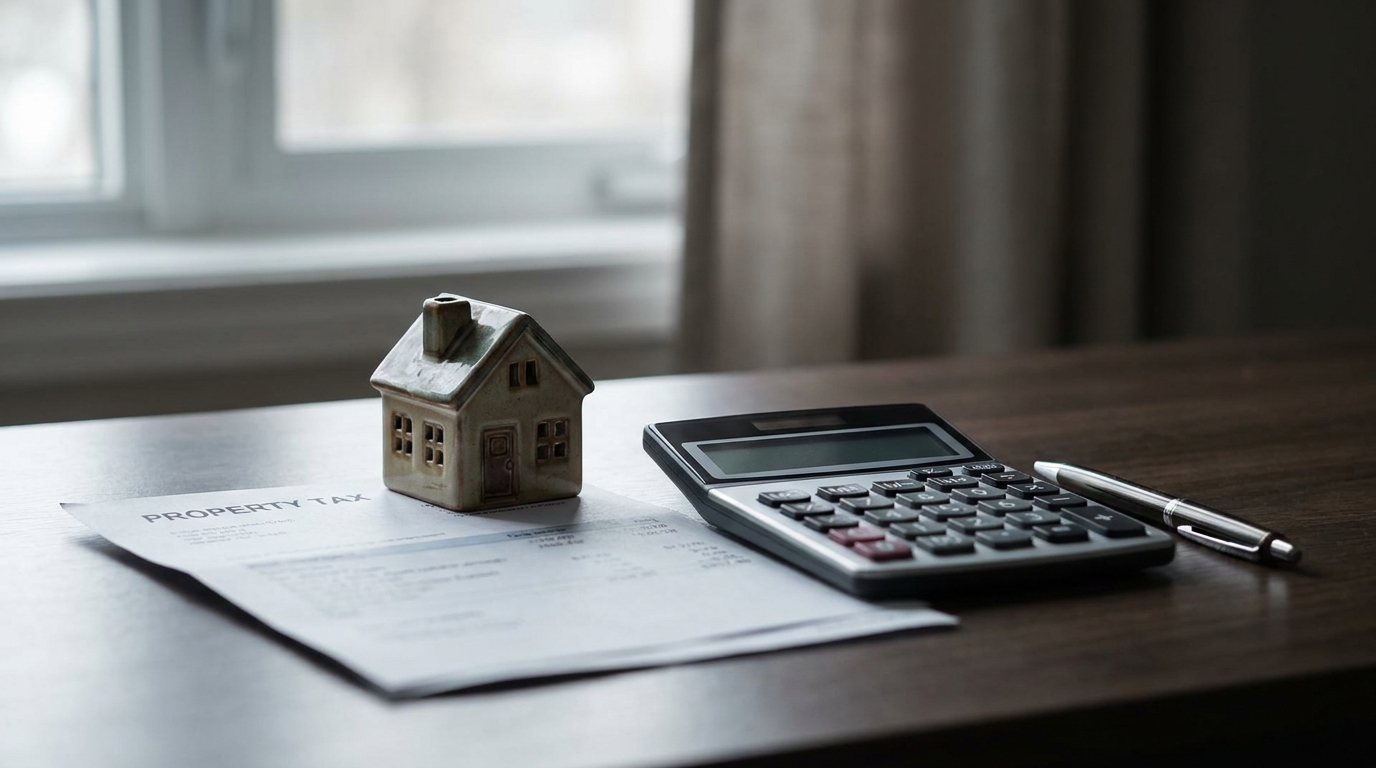 Moody desk scene with a miniature house, envelopes, a calculator, and a pen