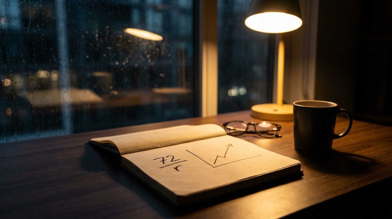 Notebook with the Rule of 72 formula on a desk