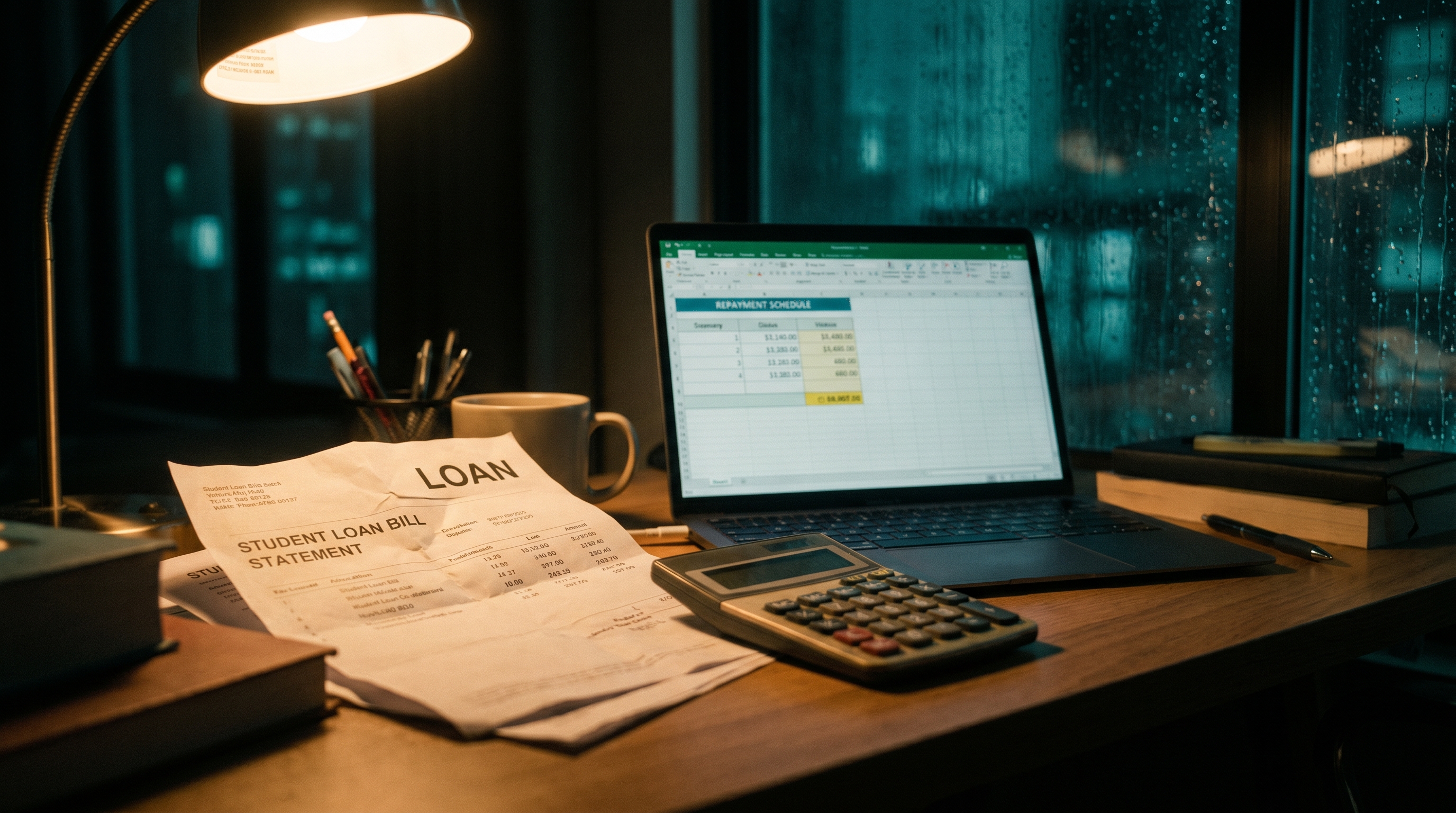 A moody, realistic study desk with a student loan statement and calculator