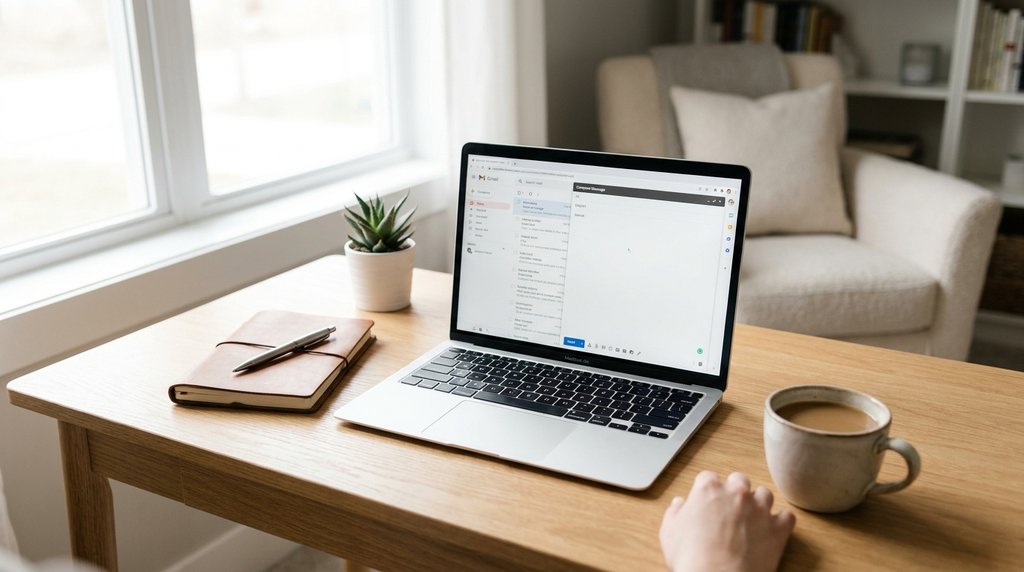 A laptop open to an email message on a sunlit wooden desk with a notebook, pen, coffee, and a small plant