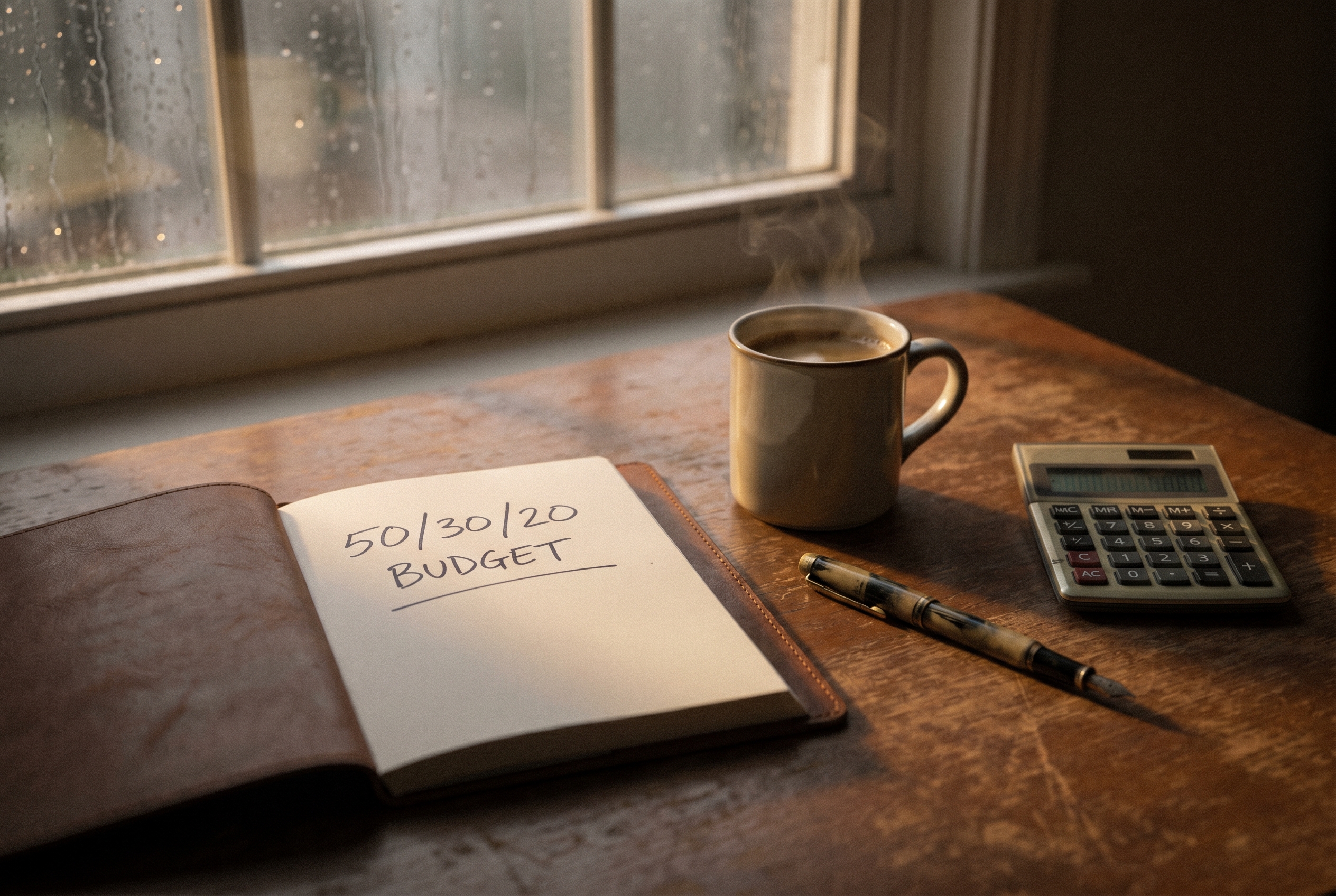 Moody photo of a desk with a notebook and calculator for planning a 50/30/20 budget
