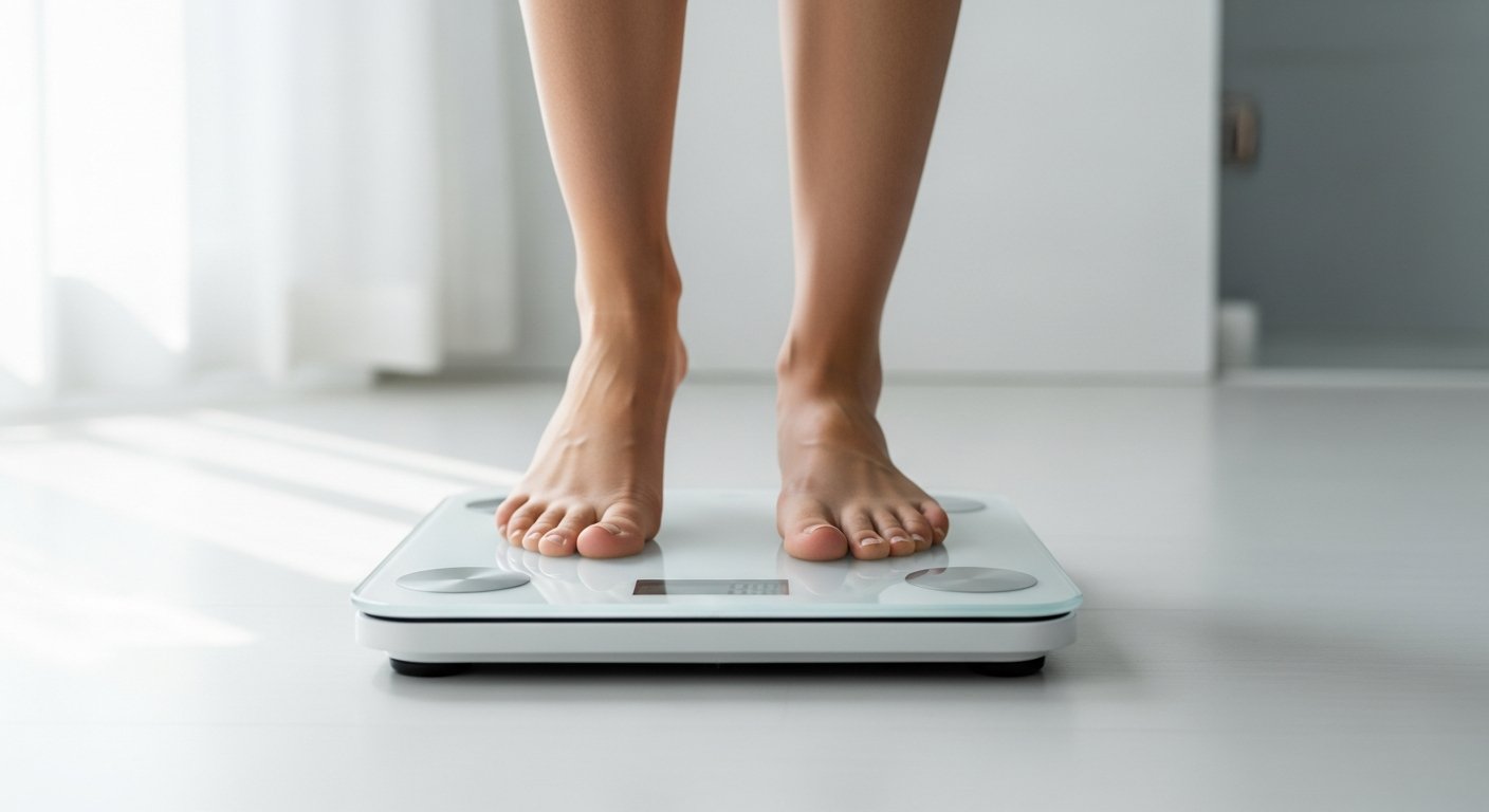 Person stepping on a modern bathroom scale, BMI wellness concept