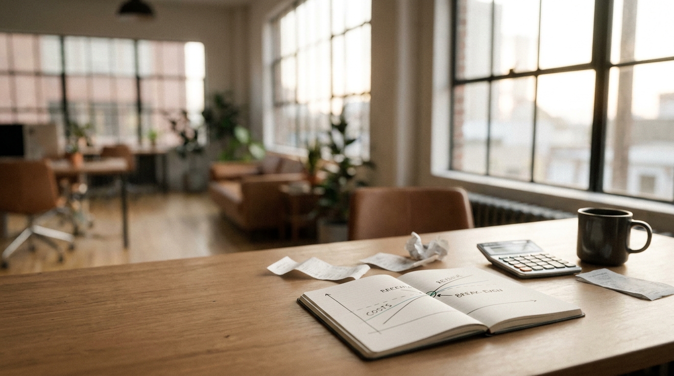 Moody photo of a small business desk with a calculator and break-even planning notes