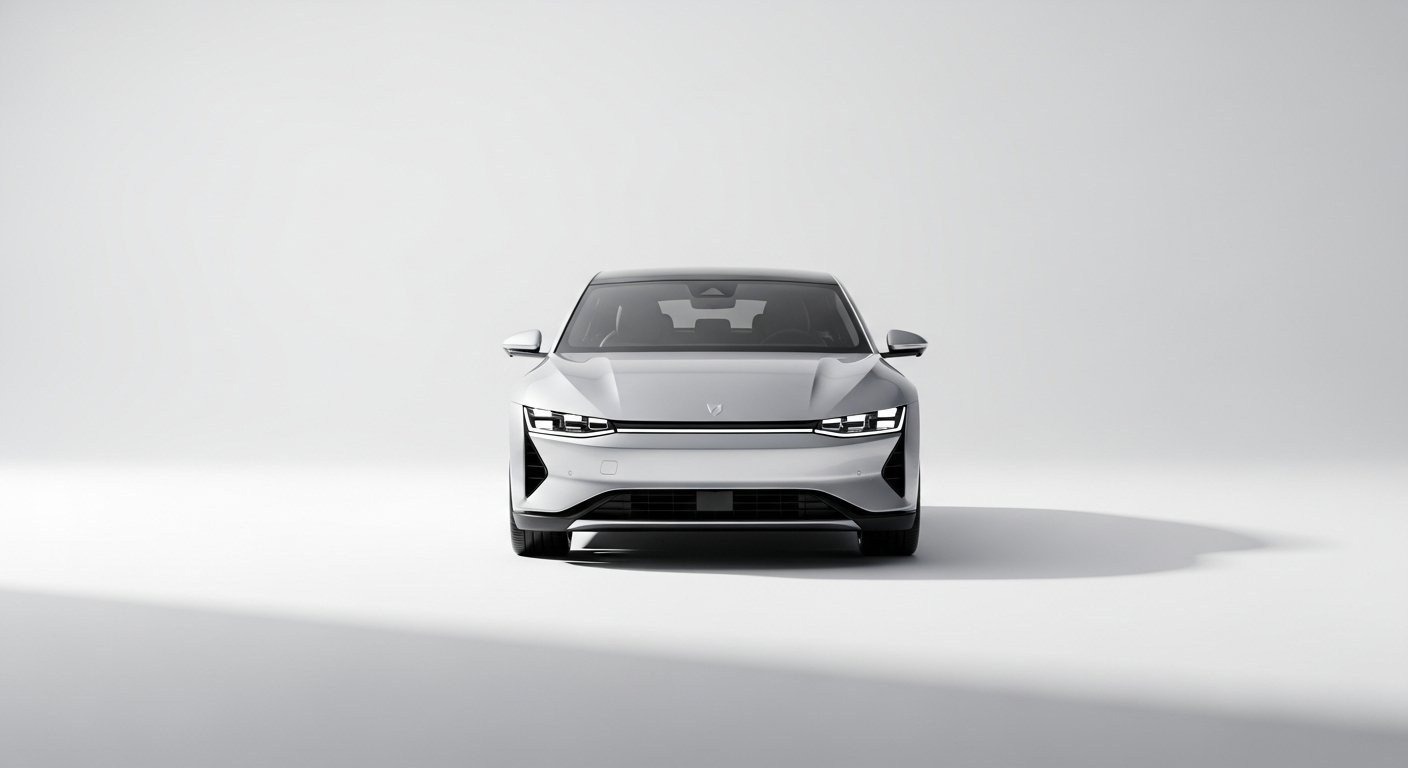 Modern silver car on a clean studio surface, car loan and auto financing concept