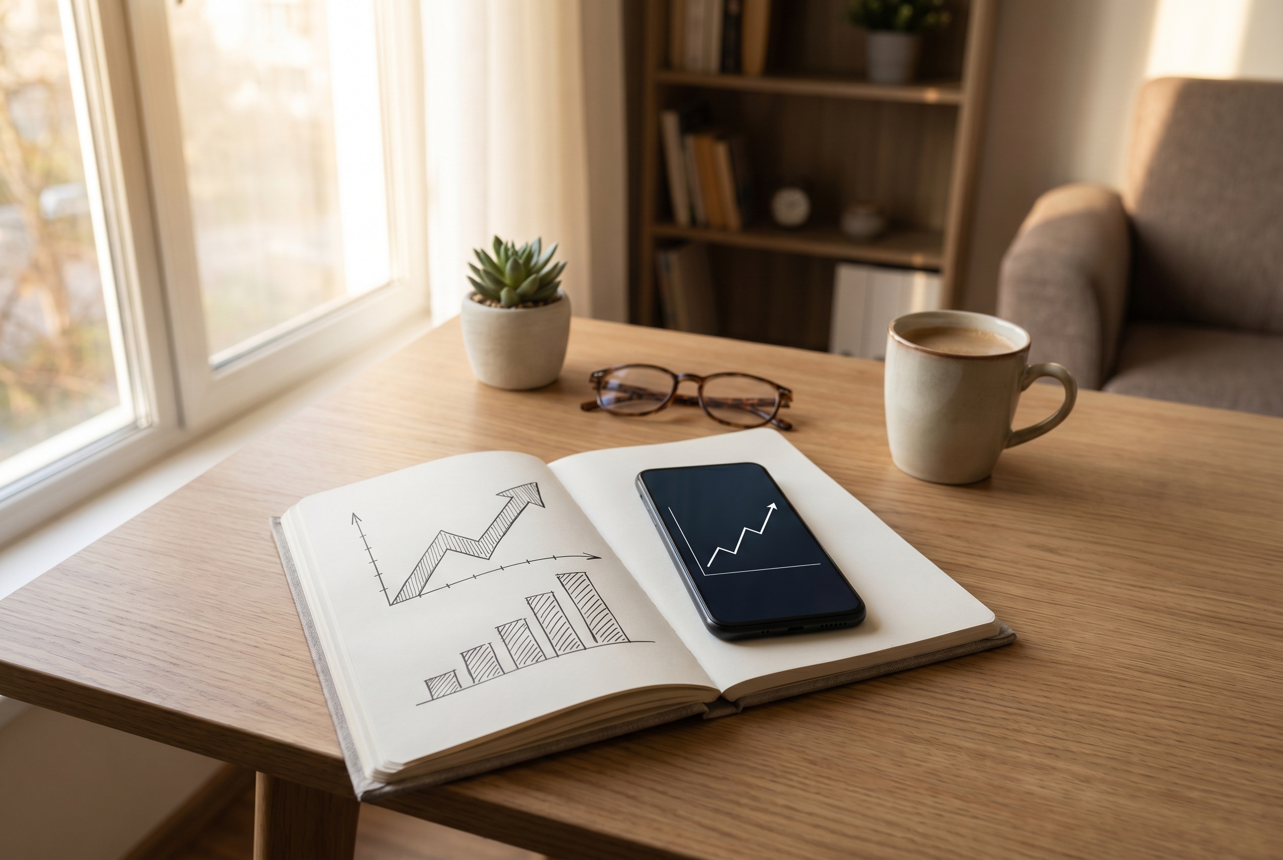 Realistic desk scene representing long-term investing growth