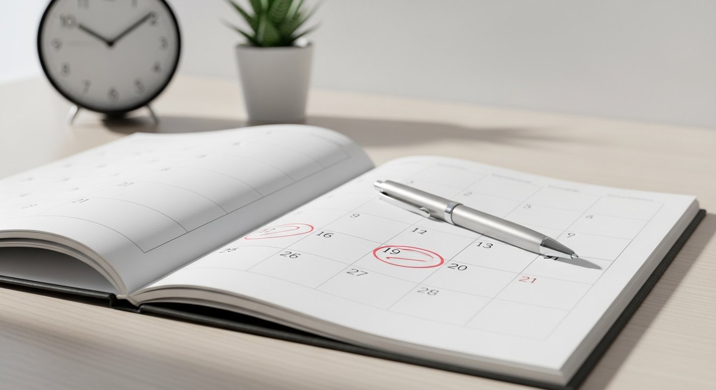 Open calendar with two dates circled and a pen on a clean desk