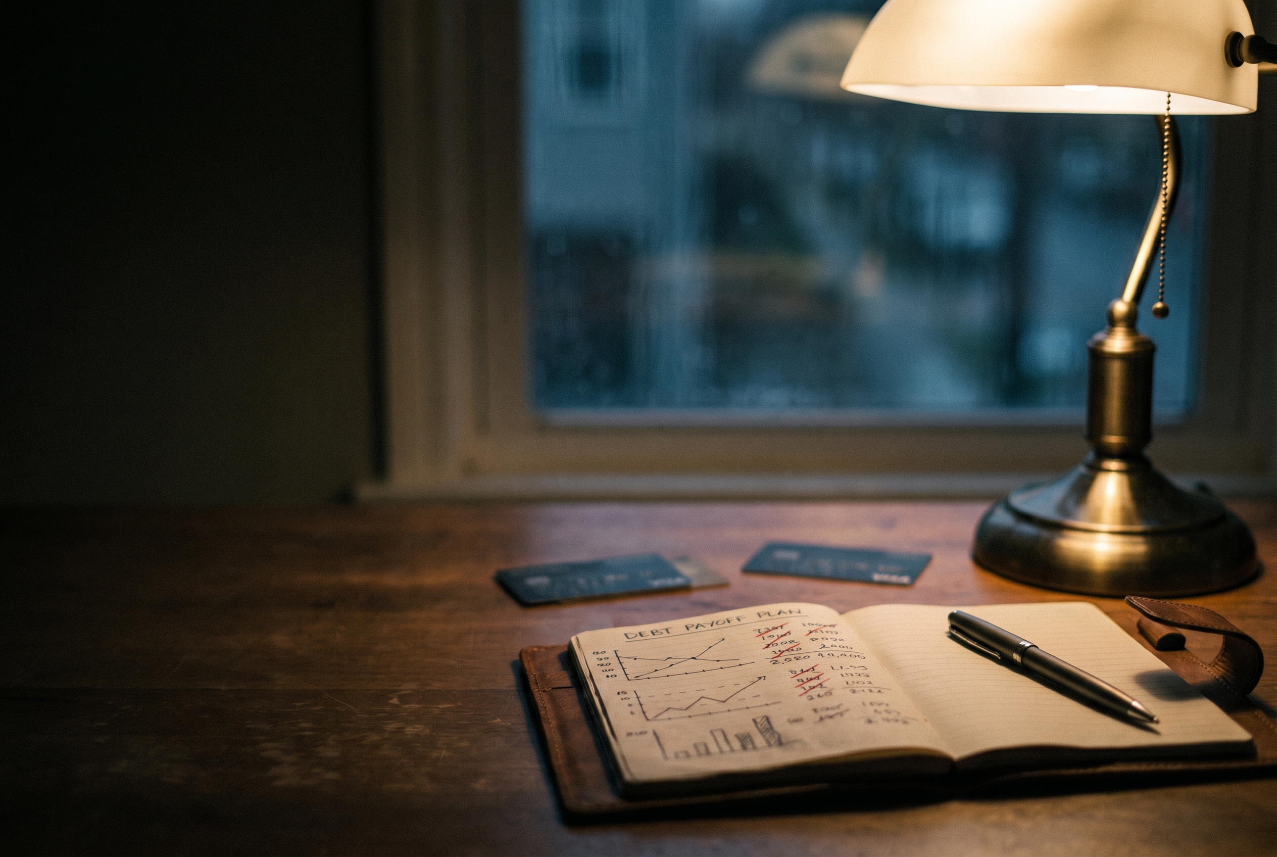 Notebook and credit cards on a desk under moody light