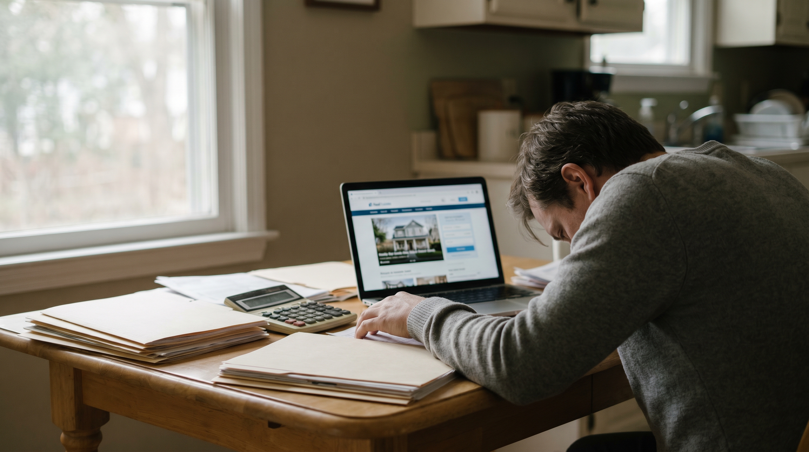 A person reviewing home budget paperwork at a table