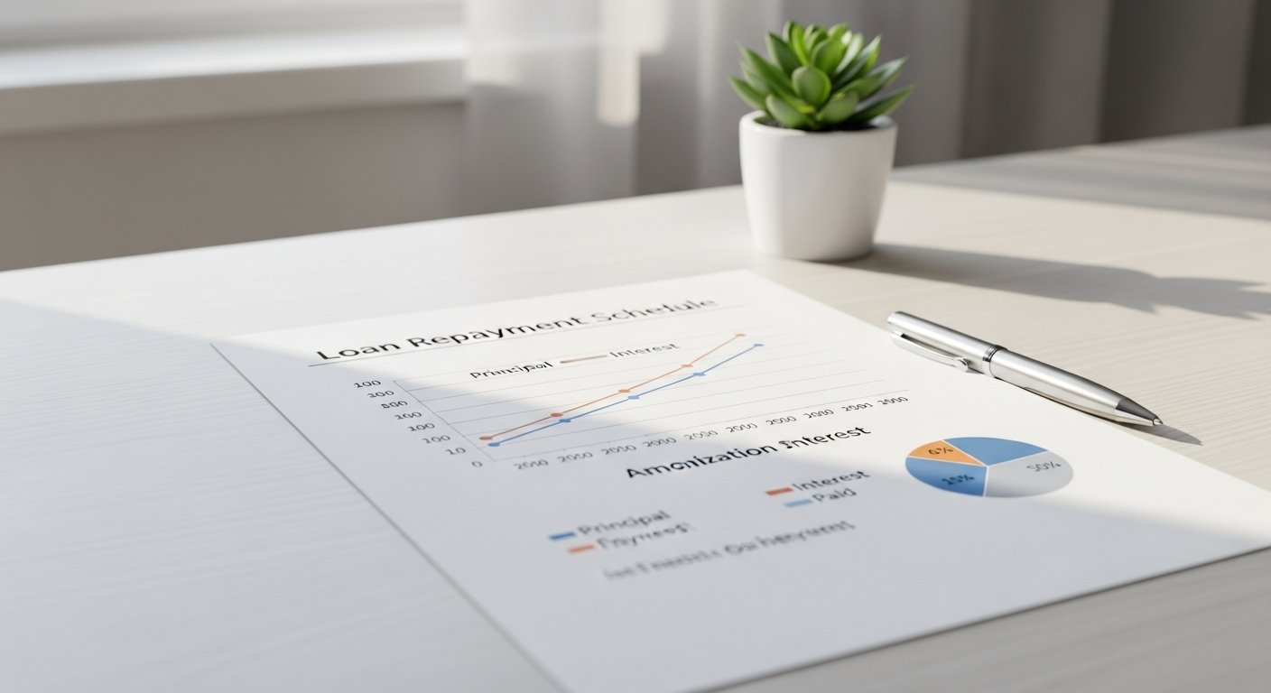 Loan repayment schedule document with a line graph on a clean desk