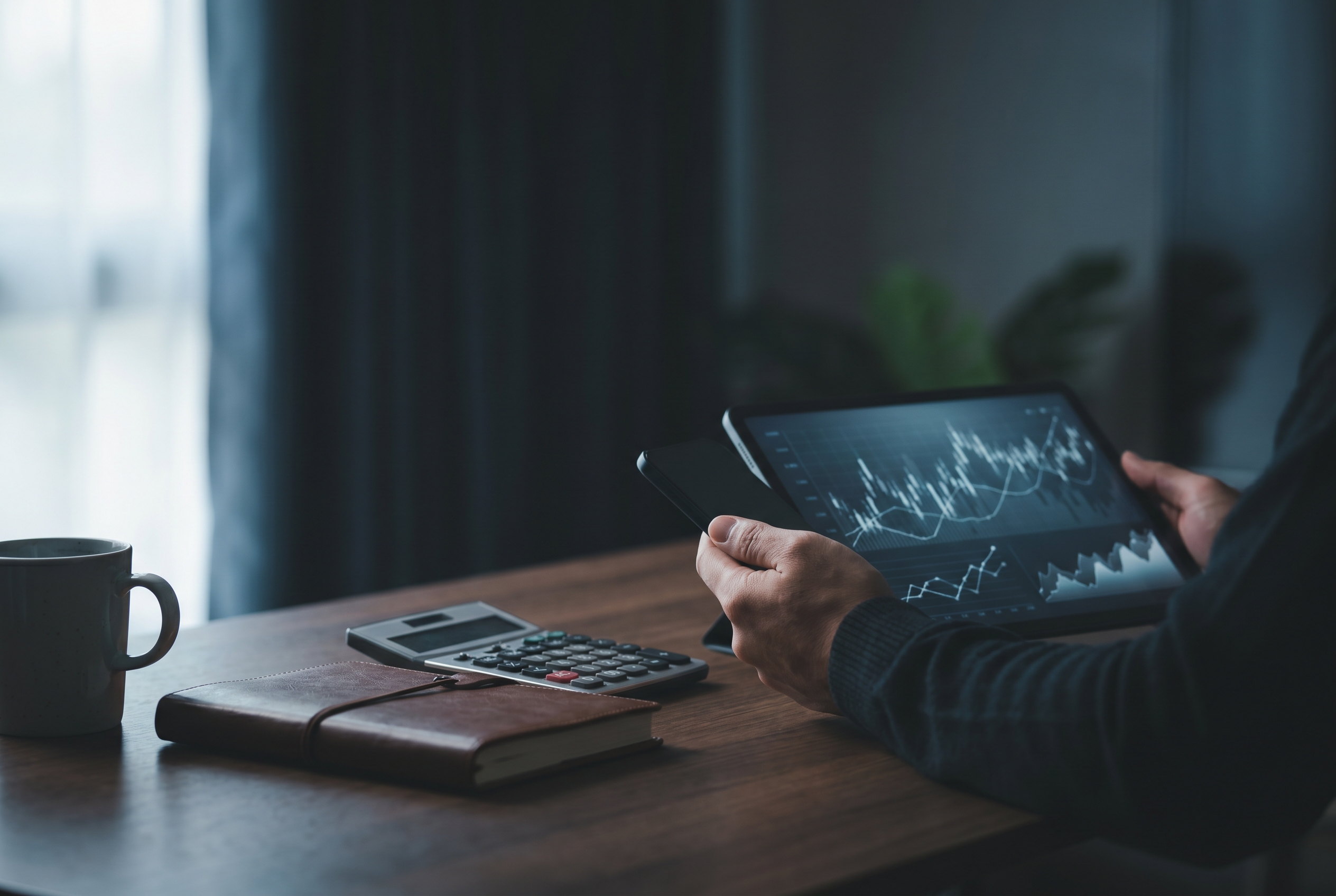 Moody finance scene with devices showing generic charts