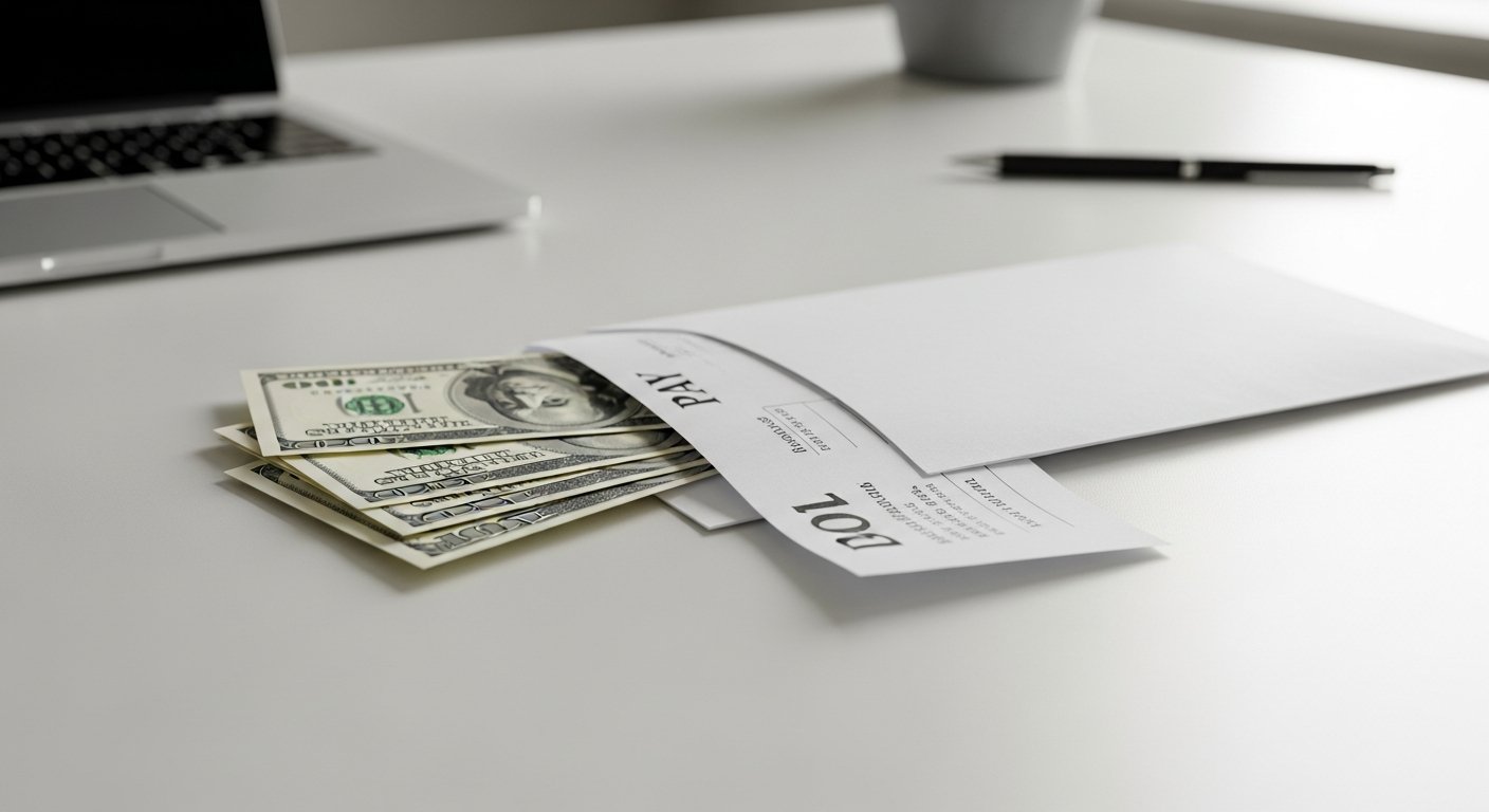 Pay envelope with US dollar bills on a clean office desk, paycheck concept