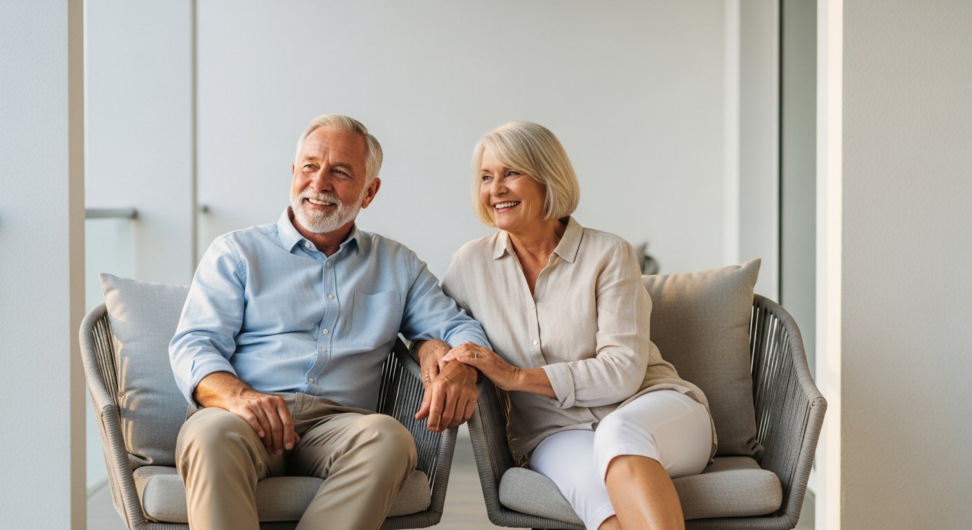 Senior couple relaxing on a porch with warm golden sunlight, retirement lifestyle