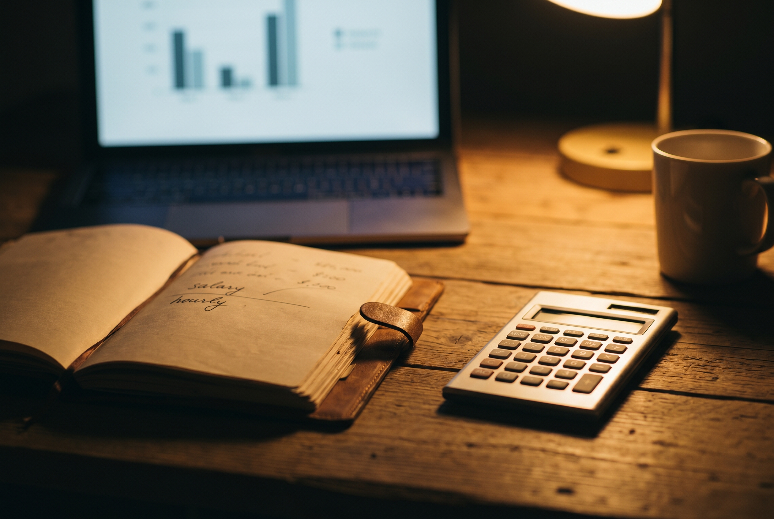 Moody desk scene with a pay stub and calculator representing salary-to-hourly conversion