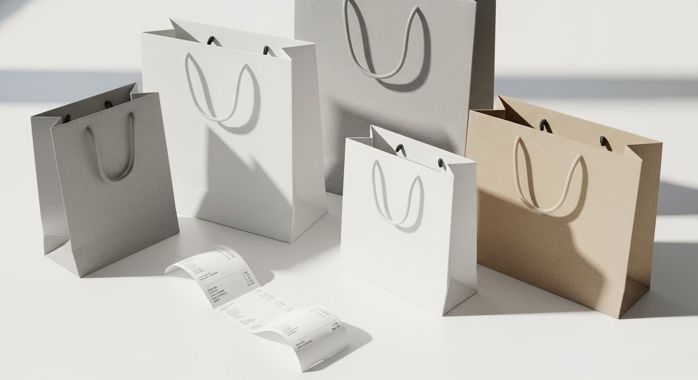 Shopping bags and a paper receipt on a clean white surface, retail and sales tax concept