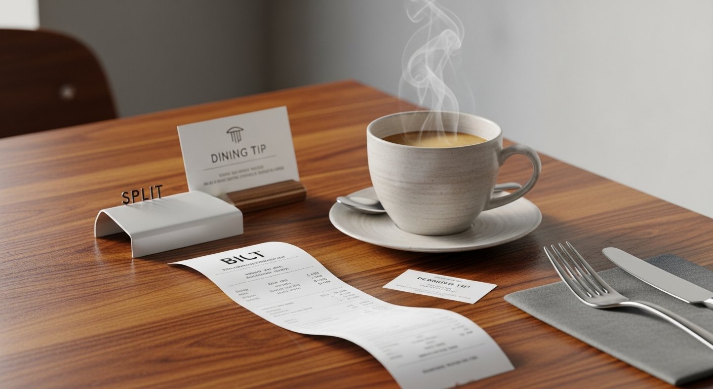 Restaurant bill on a wooden table with a coffee cup, dining tip and split concept